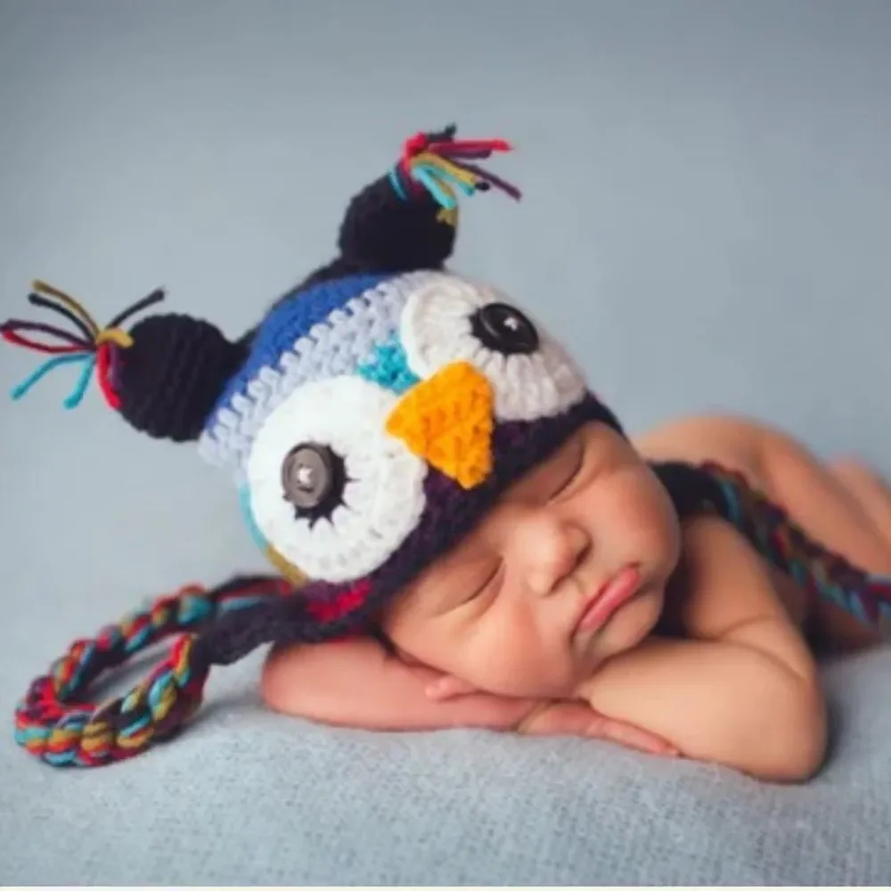 Daisy Baby Unisex Kids Colorful Owl Beanie Crocheted Photography 2-8 years NWT